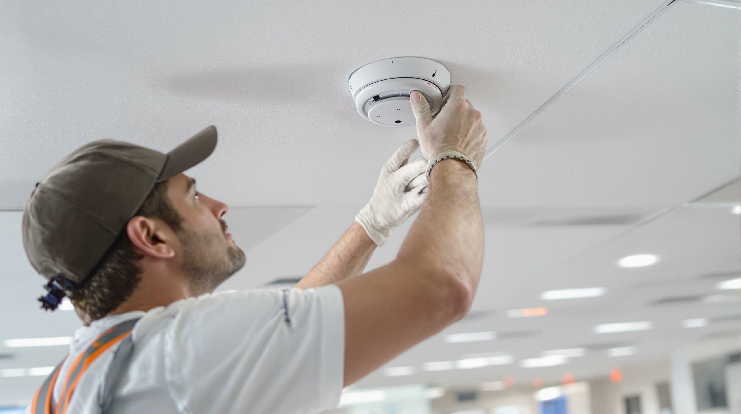 Technician installing a smoke detector