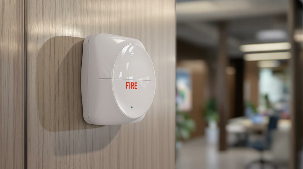 Détecteurs incendie entreprises : sécurité conforme 1 Alise SSI – Sécurité et Sérénité Assurée Alise Fire alarm on a wall