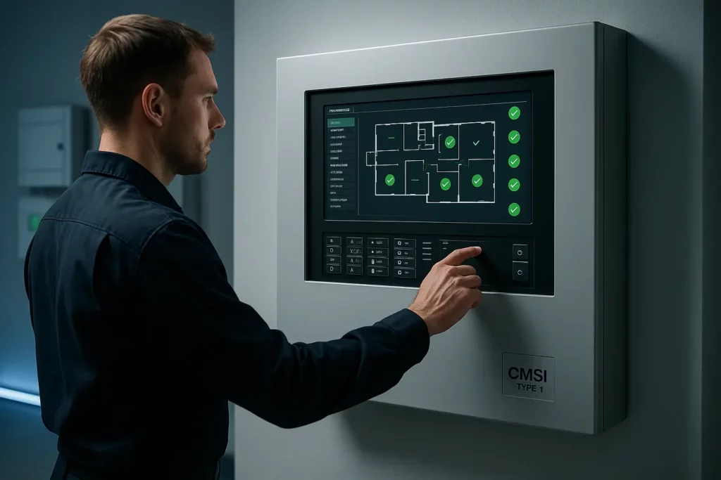 CMSI 2b→1 ? ✅ 1 Sécurité et Sérénité Assurée Alise SSI centralisateur de mise en sécurité incendie installé en local technique en Isère — visuel : mise niveau cmsi