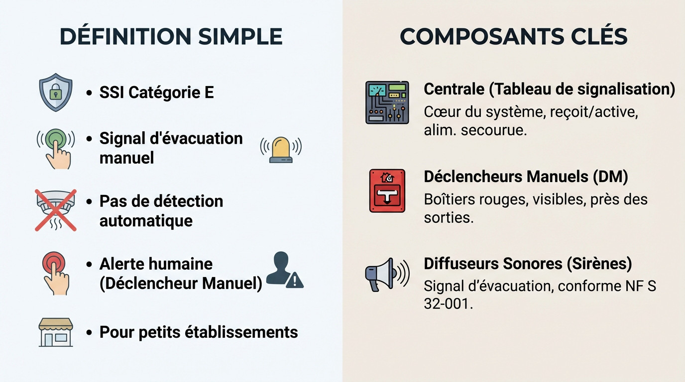 Alarme incendie type 4 : règles, installation et prix 2 Sécurité et Sérénité Assurée Alise SSI Schéma des composants d’une alarme incendie type 4 : centrale, déclencheur manuel et diffuseur sonore