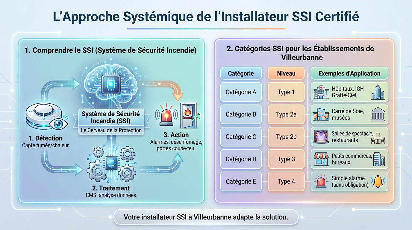 Sécurité incendie Villeurbanne : installation et normes SSI 2 Sécurité et Sérénité Assurée Alise SSI Schéma technique illustrant l'approche systémique d'un installateur SSI certifié