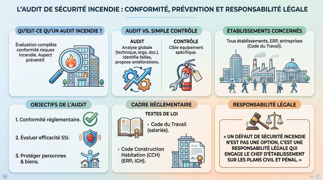 Audit sécurité incendie : étapes et checklist 2025 1 Alise SSI – Sécurité et Sérénité Assurée Alise Professionnel réalisant un audit de sécurité incendie et vérifiant la conformité des équipements dans un bâtiment industriel