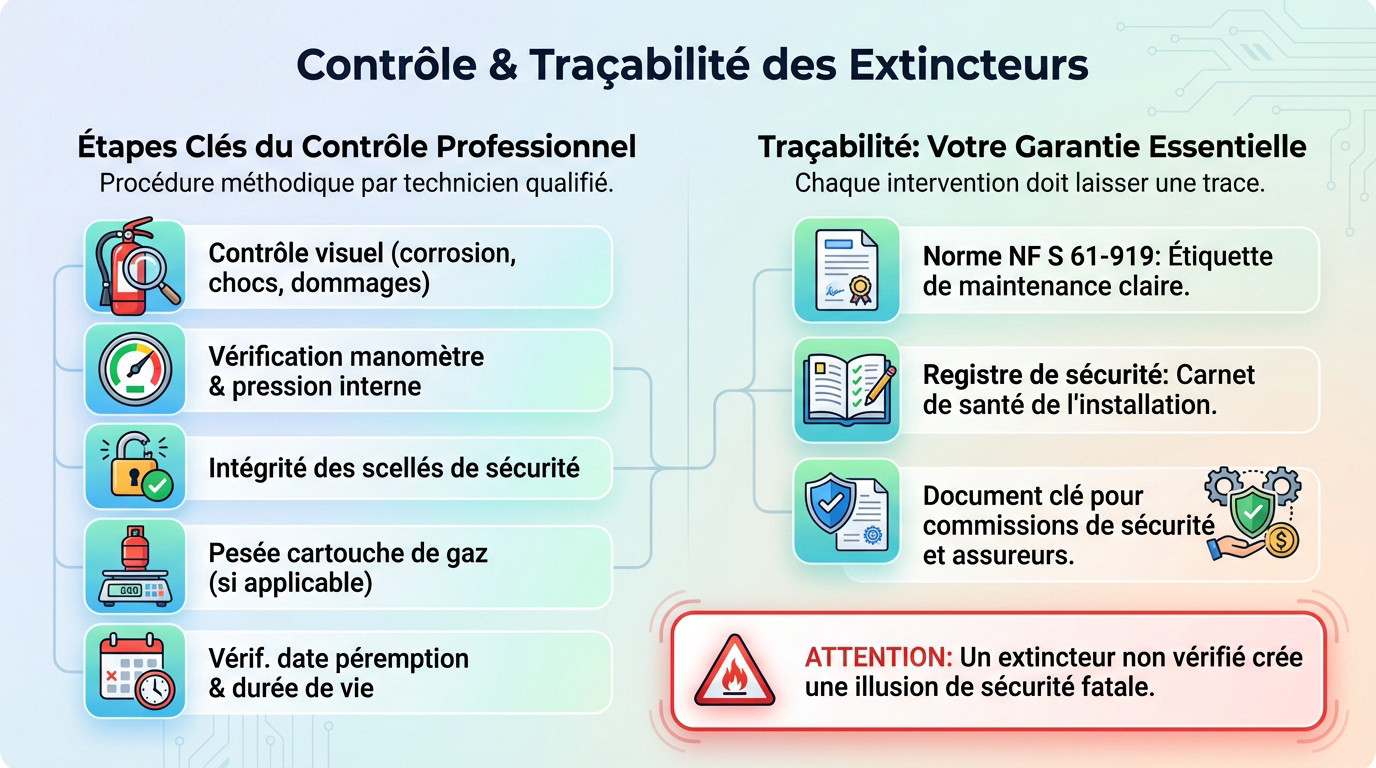 Maintenance extincteur Lyon : vérification obligatoire 2 Sécurité et Sérénité Assurée Alise SSI Technicien effectuant le contrôle et la traçabilité d'un extincteur selon la norme NF S 61-919