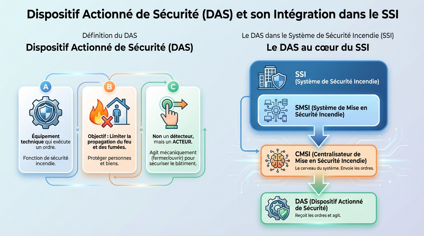 DAS incendie : définition, normes et obligations 1 Sécurité et Sérénité Assurée Alise SSI Schéma illustrant la définition d'un DAS incendie et son intégration dans le SSI