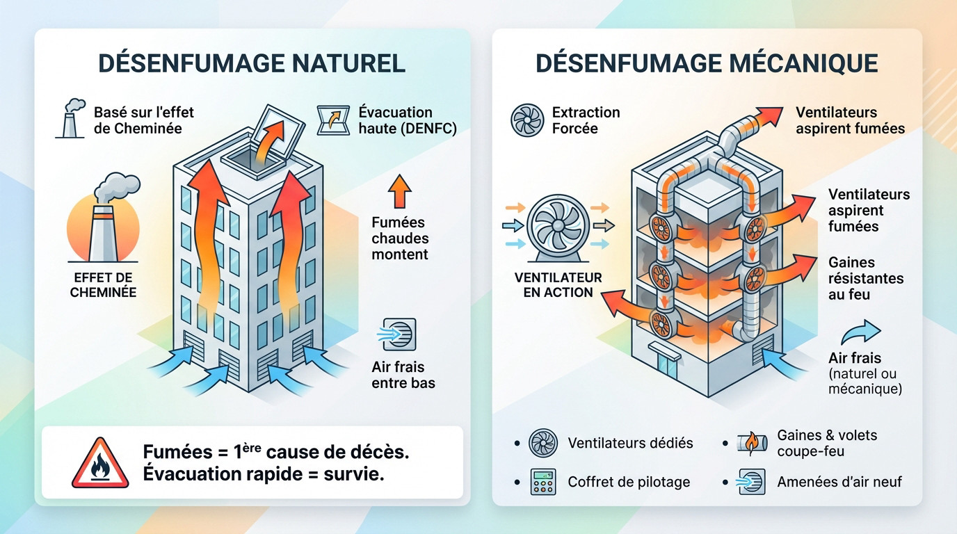 Schéma comparatif illustrant le fonctionnement du désenfumage naturel par convection et du désenfumage mécanique par extraction forcée