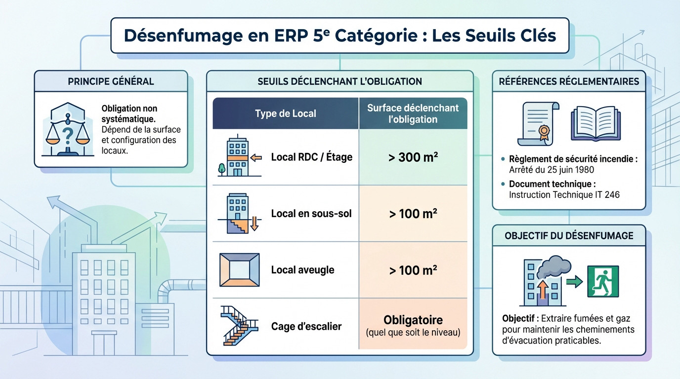 Désenfumage ERP 5ème catégorie : vos obligations à Lyon 1 Alise SSI – Sécurité et Sérénité Assurée Alise Schéma explicatif des seuils de surface pour le désenfumage en ERP de 5ème catégorie