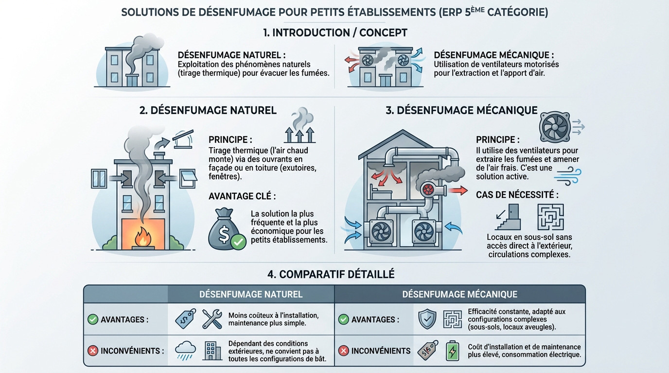 Désenfumage ERP 5ème catégorie : vos obligations à Lyon 2 Alise SSI – Sécurité et Sérénité Assurée Alise Schéma comparatif entre désenfumage naturel et mécanique pour ERP de 5ème catégorie