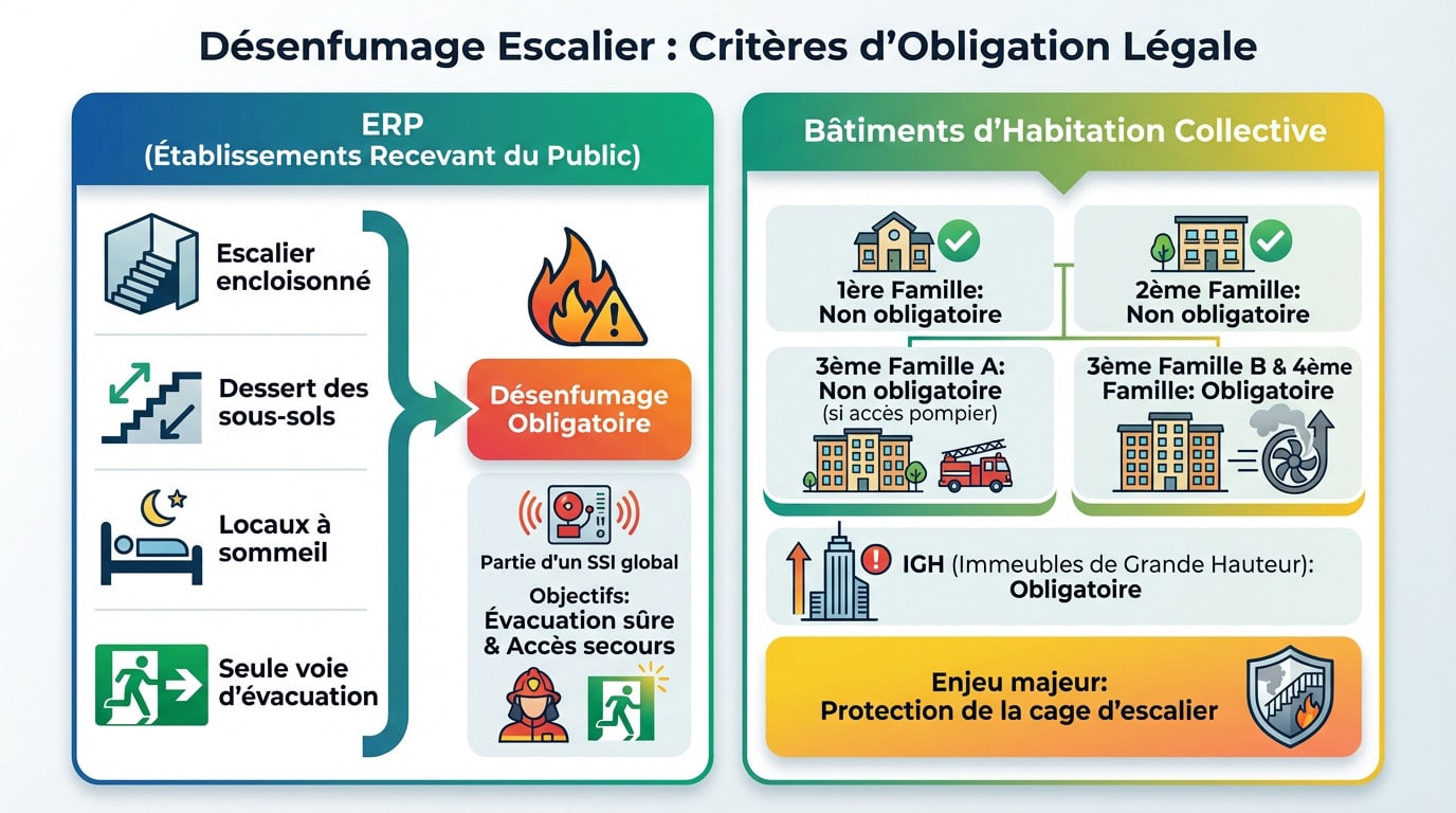 Désenfumage escalier obligatoire : Les règles à connaître 1 Sécurité et Sérénité Assurée Alise SSI Schéma illustrant les critères d'obligation légale pour le désenfumage des escaliers en ERP et habitation