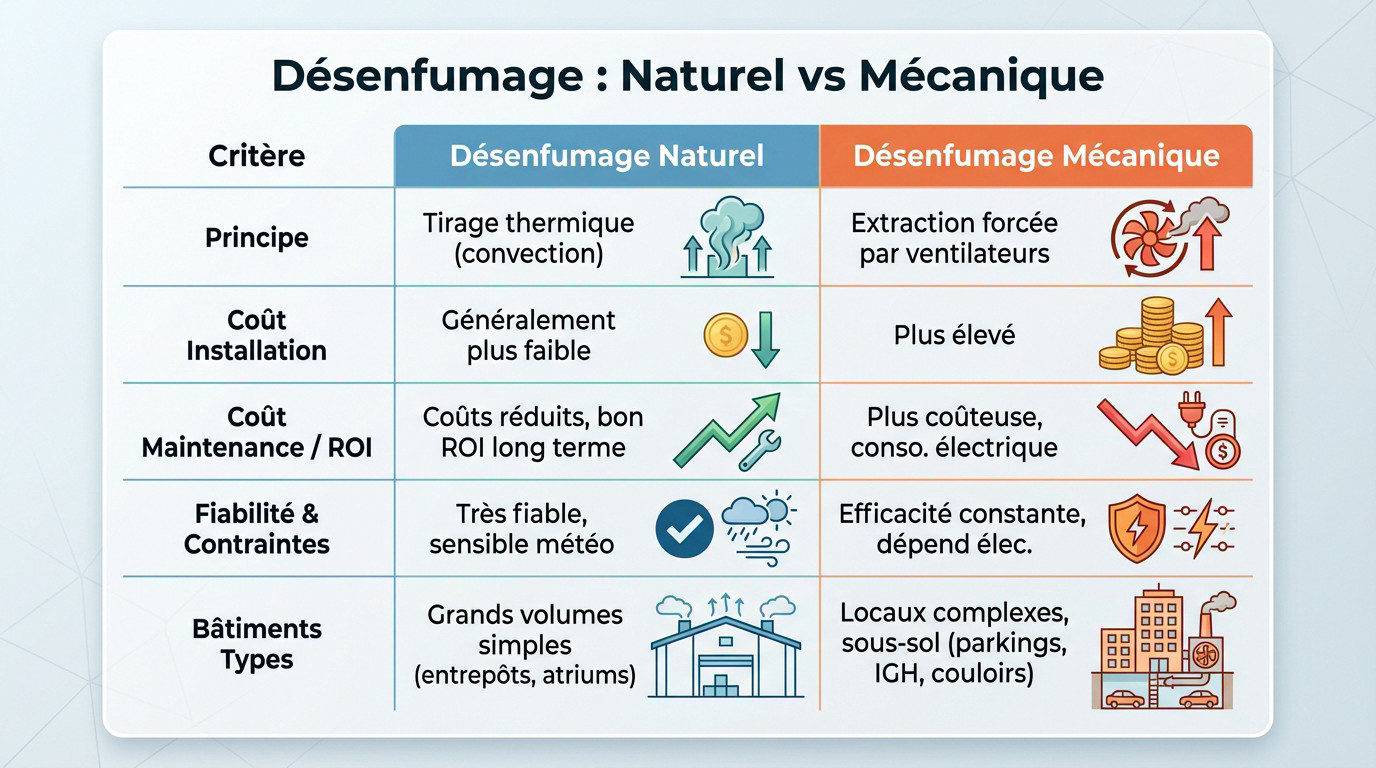 Comparaison technique entre un système de désenfumage naturel par exutoires et un système mécanique par ventilateurs