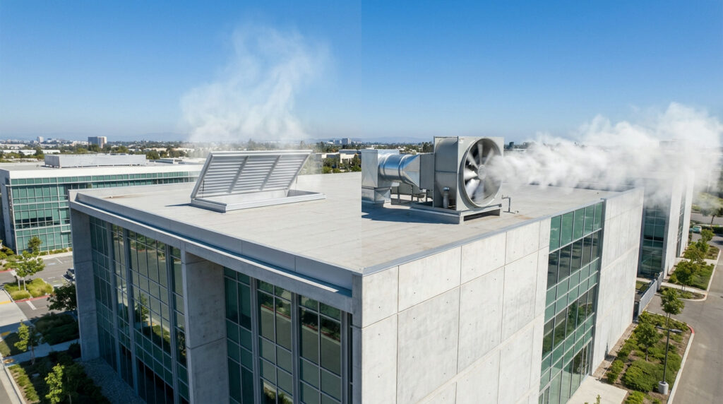 Désenfumage naturel ou mécanique : le comparatif 2025 13 Sécurité et Sérénité Assurée Alise SSI installation d un DAAF dans un appartement Rhône-Alpes — visuel : natural mechanical smoke