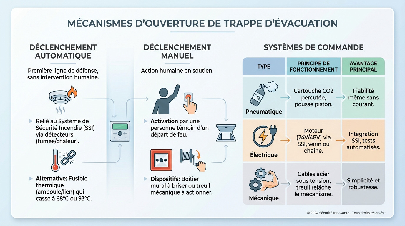 Fonctionnement d'une trappe de désenfumage : le décryptage 2 Alise SSI – Sécurité et Sérénité Assurée Alise Schéma des différents mécanismes d'ouverture pour trappe de désenfumage