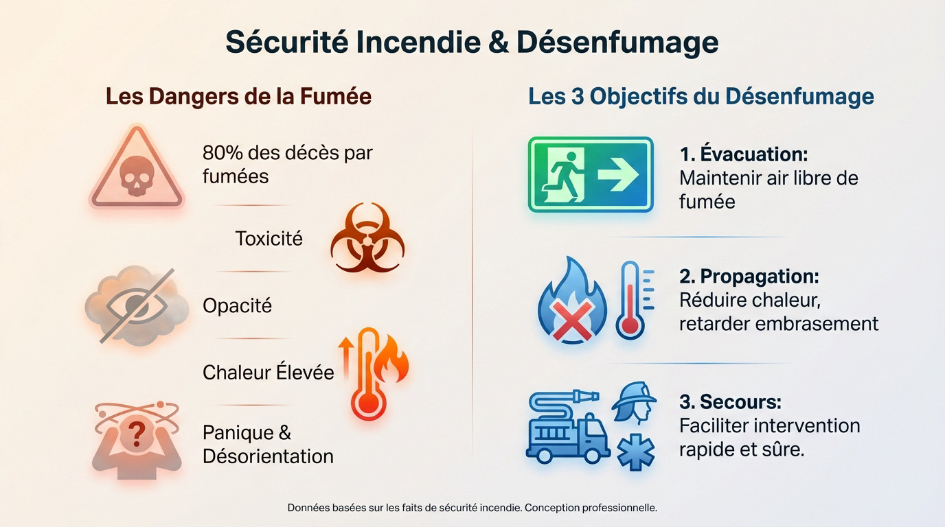 Schéma illustrant les dangers des fumées toxiques et les objectifs du désenfumage