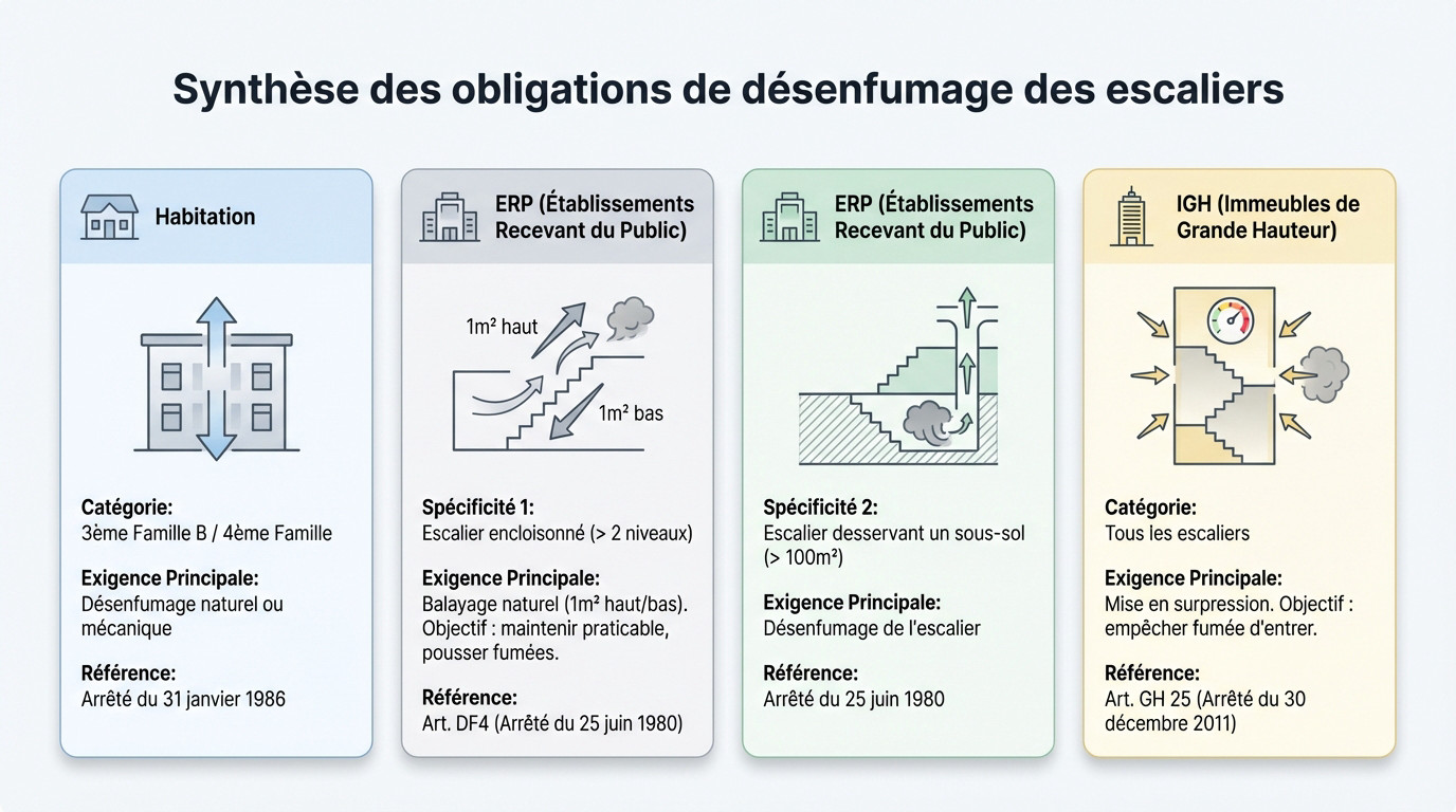 Désenfumage escalier obligatoire : Les règles à connaître 2 Alise SSI – Sécurité et Sérénité Assurée Alise Tableau de synthèse des obligations réglementaires pour le désenfumage des escaliers en ERP et IGH