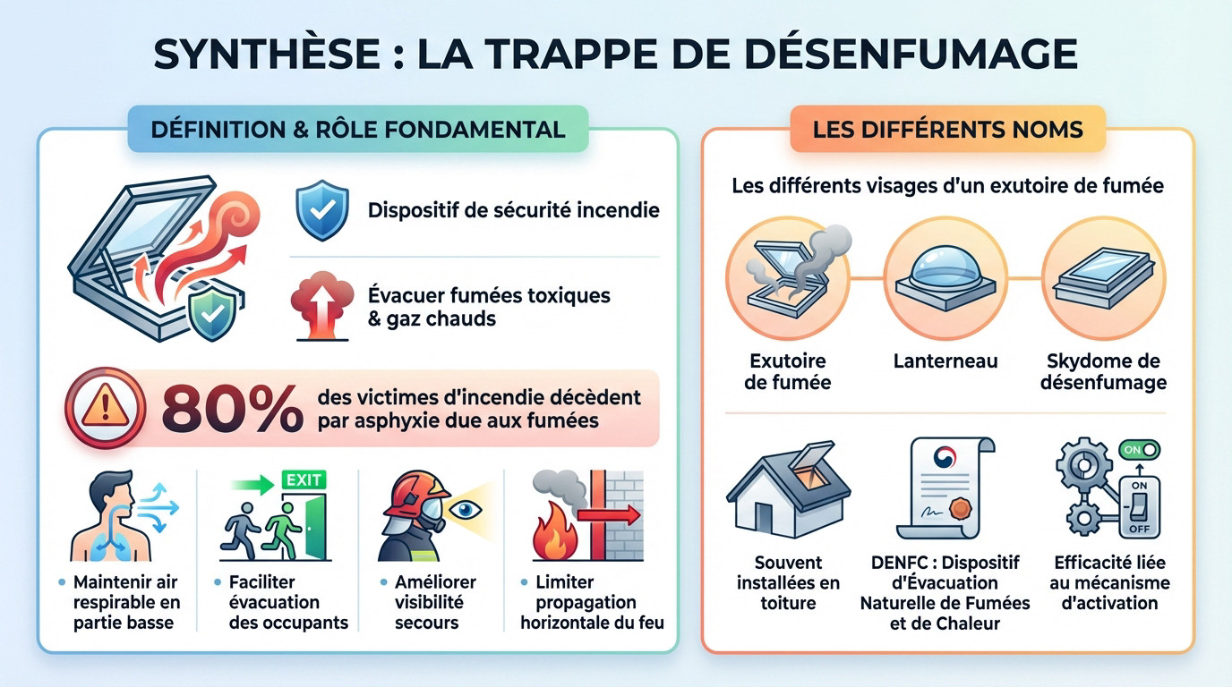 Fonctionnement d'une trappe de désenfumage : le décryptage 2 Alise SSI – Sécurité et Sérénité Assurée Alise Schéma synthétique illustrant le fonctionnement trappe désenfumage et l'évacuation des flux thermiques