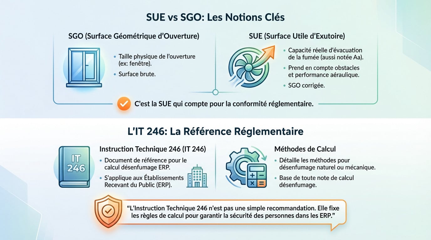 Calculer le désenfumage ERP : méthode et formules IT 246 1 Sécurité et Sérénité Assurée Alise SSI Schéma explicatif SUE et SGO pour le désenfumage ERP selon l'IT 246