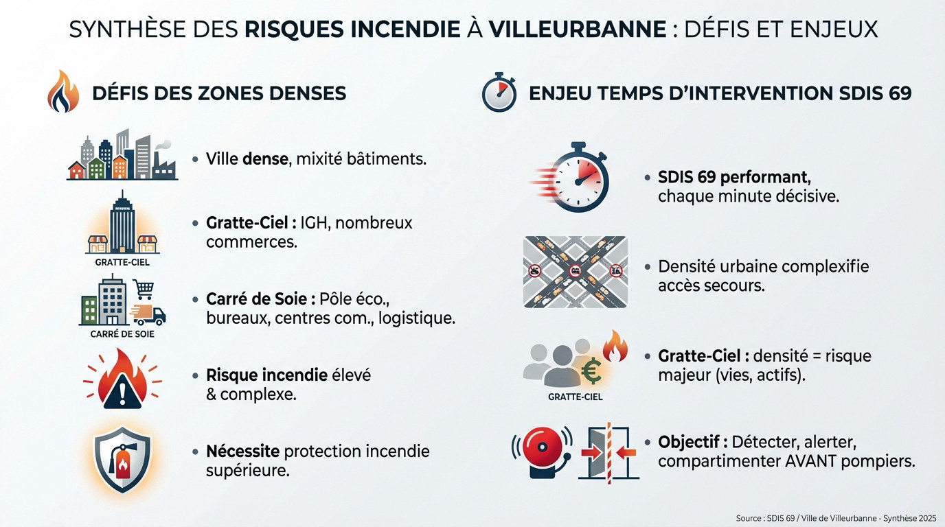 Sécurité incendie Villeurbanne : installation et normes SSI 1 Sécurité et Sérénité Assurée Alise SSI Synthèse des risques incendie à Villeurbanne montrant la densité urbaine des Gratte-Ciel et les enjeux de sécurité