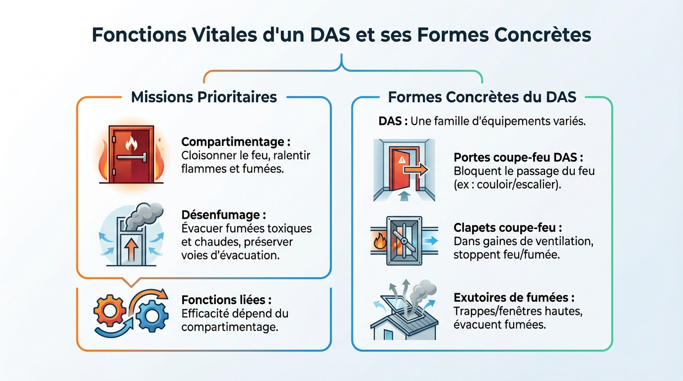 DAS incendie : définition, normes et obligations 2 Sécurité et Sérénité Assurée Alise SSI Schéma technique illustrant le fonctionnement du compartimentage et du désenfumage par un DAS