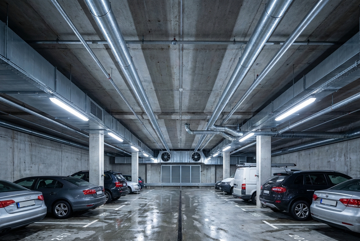 Désenfumage parking souterrain : obligations et solutions techniques 2 Alise SSI – Sécurité et Sérénité Assurée Alise Gaines d extraction de fumee au plafond d un parking souterrain