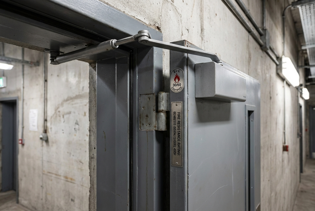 Porte coupe-feu EI30, EI60, EI120 : quelle résistance au feu choisir ? 1 Alise SSI – Sécurité et Sérénité Assurée Alise Porte coupe-feu avec etiquette de certification EI visible sur le dormant