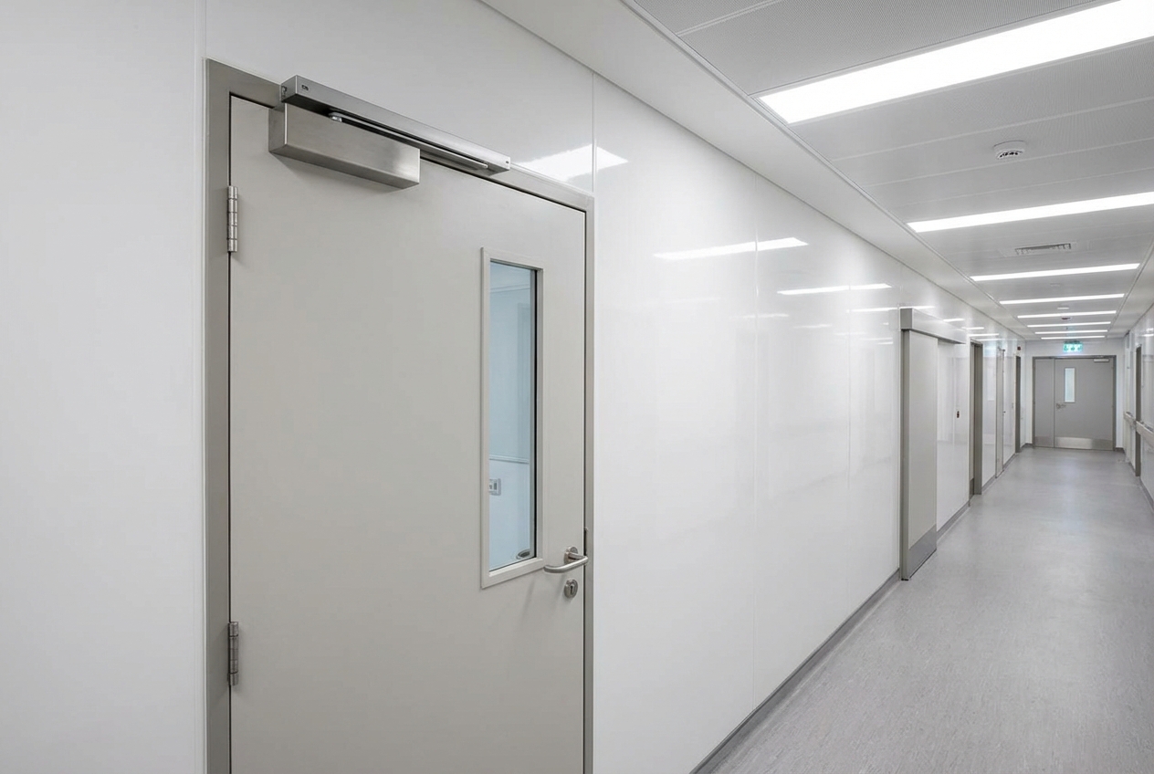 Porte coupe-feu EI30, EI60, EI120 : quelle résistance au feu choisir ? 4 Alise SSI – Sécurité et Sérénité Assurée Alise Porte coupe-feu vitree installee dans un couloir d hopital moderne