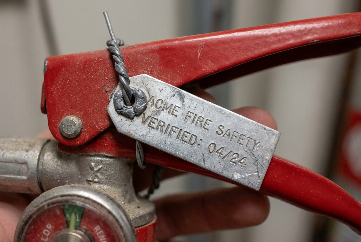 Vérification extincteur obligatoire : fréquence et réglementation 2026 4 Alise SSI – Sécurité et Sérénité Assurée Alise Gros plan sur le plomb et l etiquette de verification d un extincteur