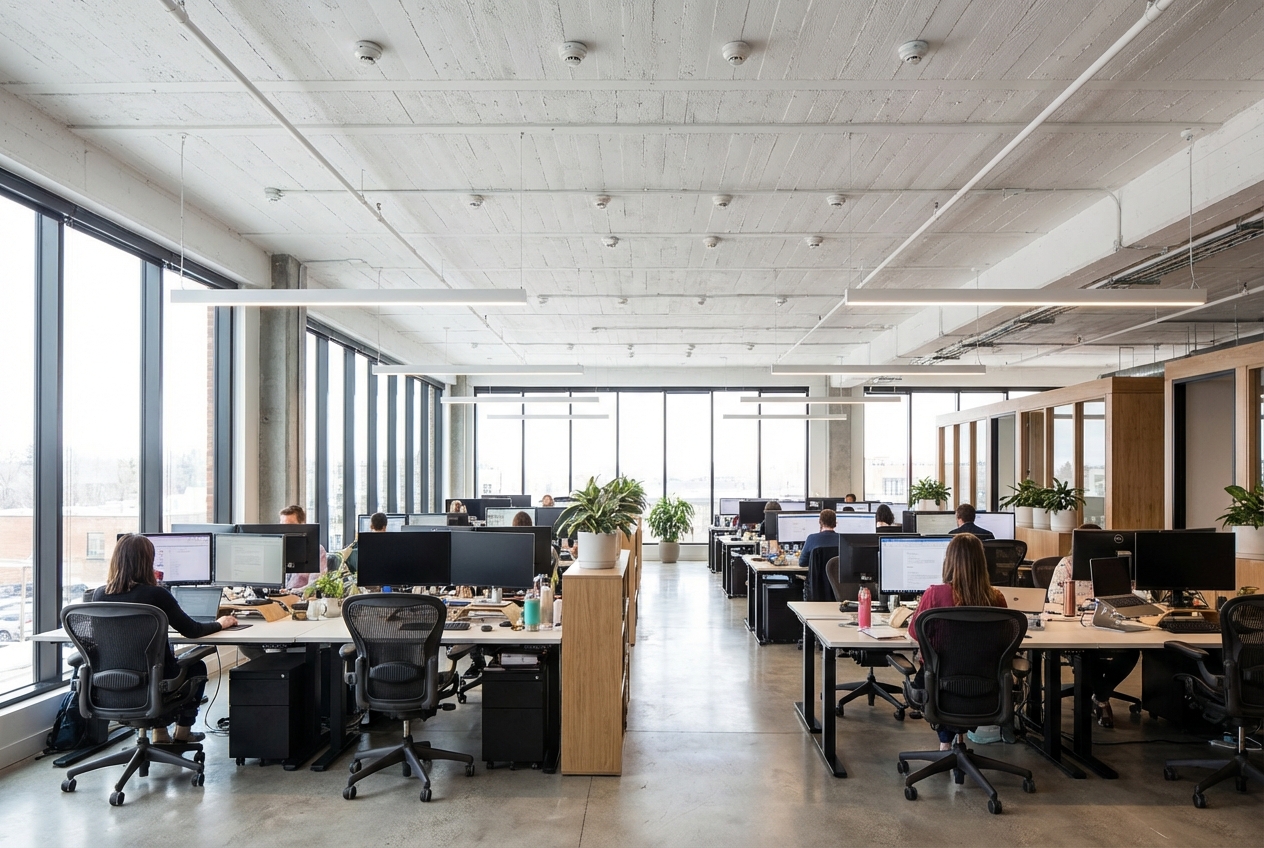 Comment fonctionne un détecteur de fumée en ERP ? 4 Alise SSI – Sécurité et Sérénité Assurée Alise Bureau open space avec plusieurs detecteurs de fumee visibles au plafond
