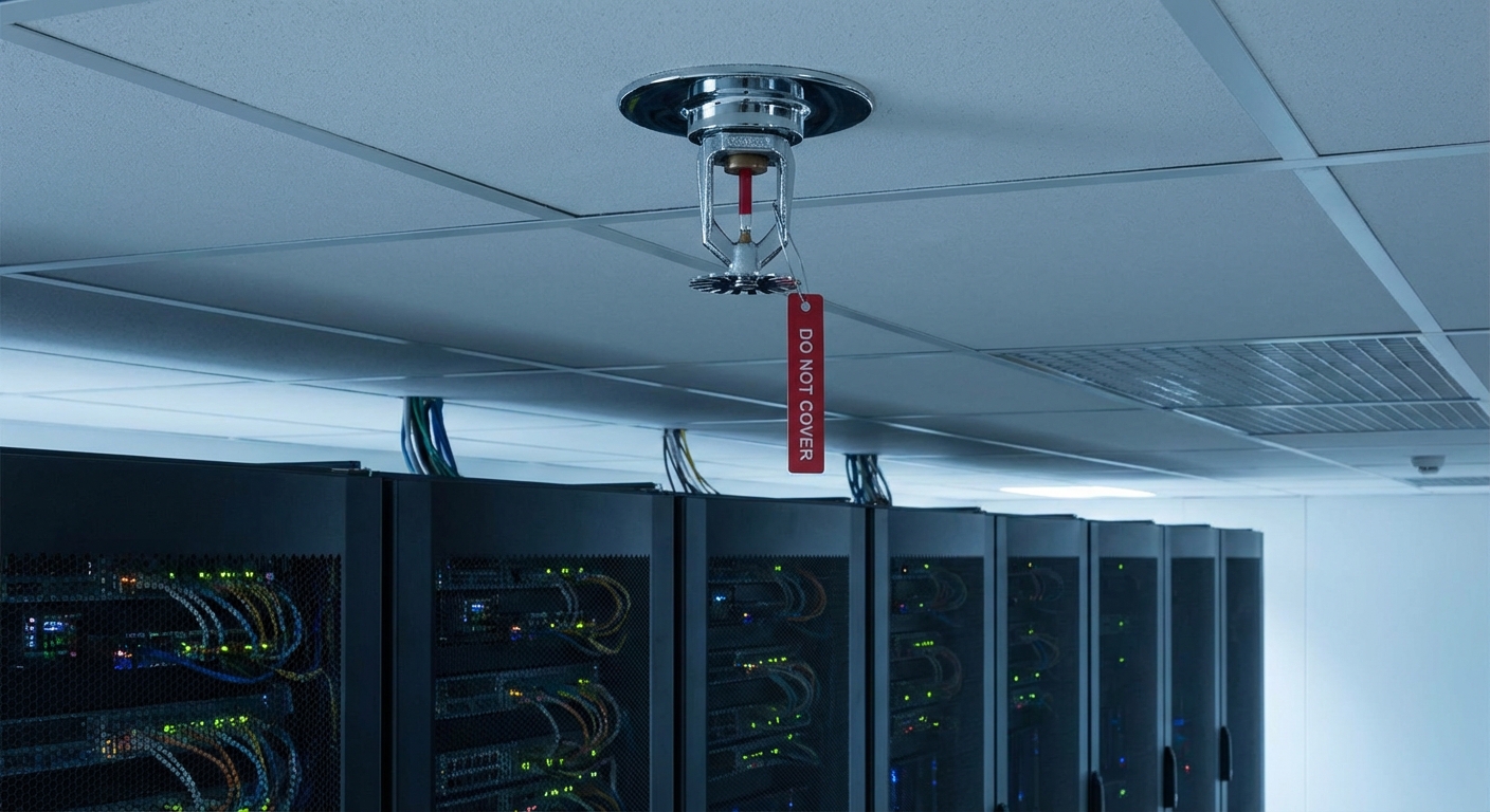 Extinction automatique gaz : quel agent extincteur choisir ? 2 Alise SSI – Sécurité et Sérénité Assurée Alise Buse de diffusion extinction gaz au plafond dans salle informatique avec equipements IT