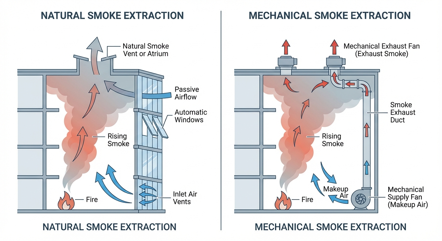 Calcul du taux de désenfumage : méthode et formules simplifiées 4 Alise SSI – Sécurité et Sérénité Assurée Alise Schéma comparatif désenfumage naturel et désenfumage mécanique