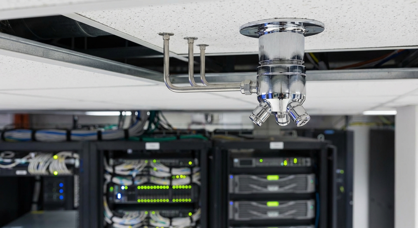 Extinction automatique à gaz : fonctionnement et avantages 1 Alise SSI – Sécurité et Sérénité Assurée Alise Buse extinction automatique gaz au plafond salle serveur