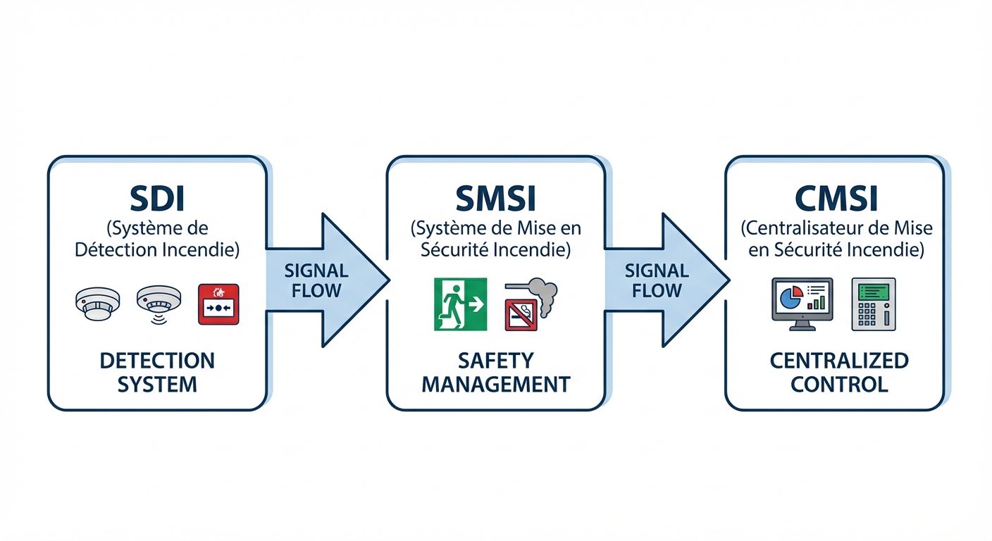 Différence entre SDI et SSI : comprendre les composants 3 Alise SSI – Sécurité et Sérénité Assurée Alise Schéma du système de sécurité incendie SSI avec composants SDI, SMSI et CMSI