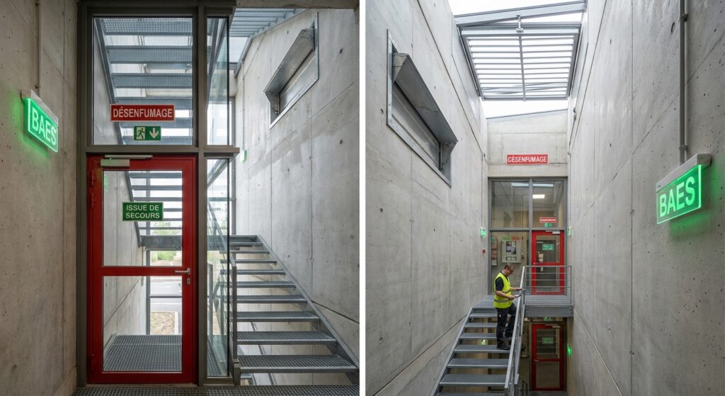Désenfumage escalier obligatoire : Les règles à connaître 14 Sécurité et Sérénité Assurée Alise SSI Desenfumage escalier encloisonne ERP avec ouvrant en toiture