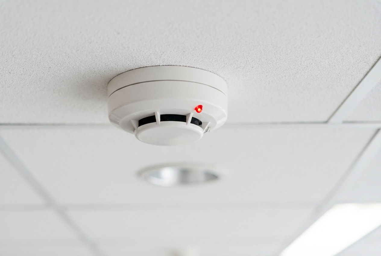 Comment fonctionne un détecteur de fumée en ERP ? 1 Alise SSI – Sécurité et Sérénité Assurée Alise Detecteur de fumee au plafond avec voyant LED rouge allume