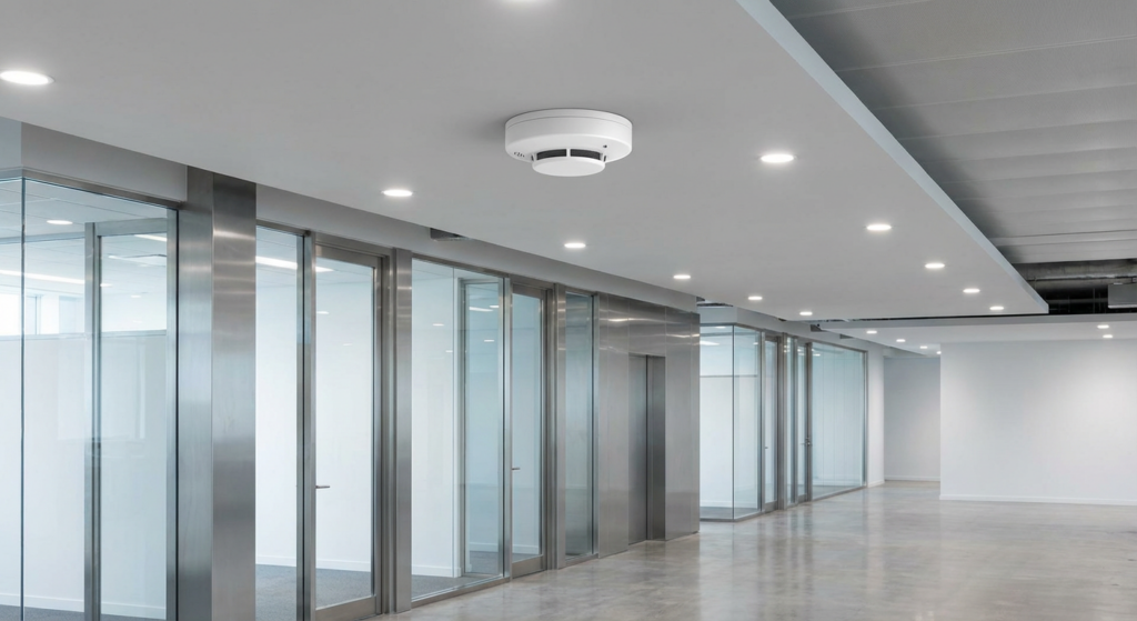 Comment fonctionne un détecteur de fumée en ERP ? 1 Sécurité et Sérénité Assurée Alise SSI Detecteur de fumee installe au plafond d un ERP commercial moderne