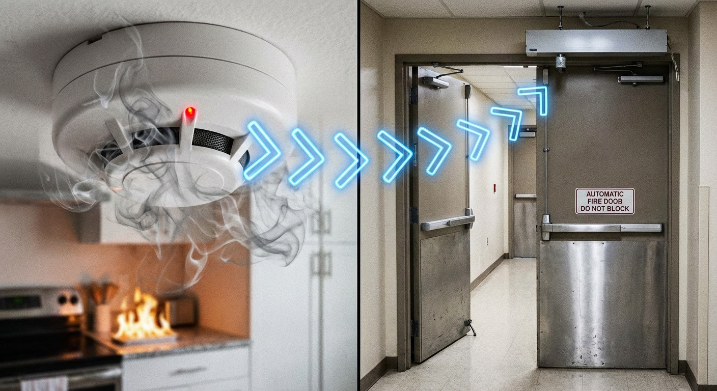 Composants d’un système de sécurité incendie : SDI, SMSI, AES, CMSI 1 Sécurité et Sérénité Assurée Alise SSI Detection fumee declenchant fermeture porte coupe-feu