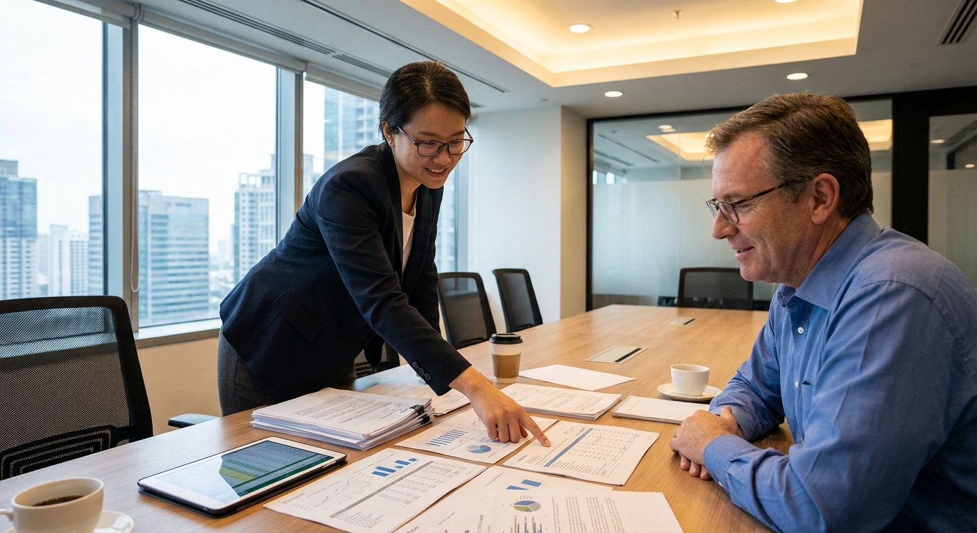 Consultant en securite incendie presentant un devis de mise en conformite a un client