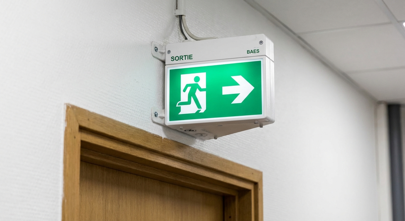 BAES : combien en installer et où les placer ? 2 Alise SSI – Sécurité et Sérénité Assurée Alise Bloc autonome d'éclairage de sécurité (BAES) installé au-dessus d'une porte