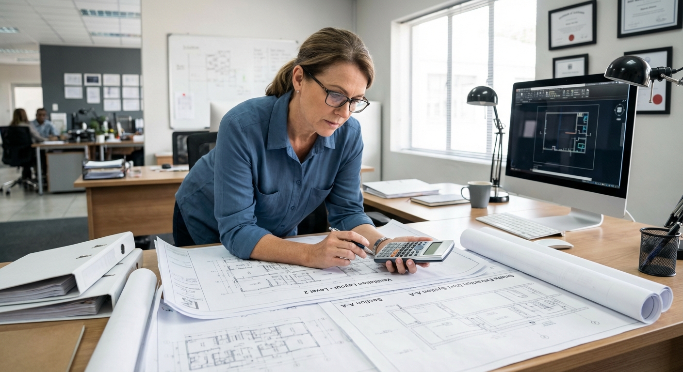 Calcul du taux de désenfumage : méthode et formules simplifiées 2 Alise SSI – Sécurité et Sérénité Assurée Alise Ingénieur calculant le taux de désenfumage avec plans de ventilation