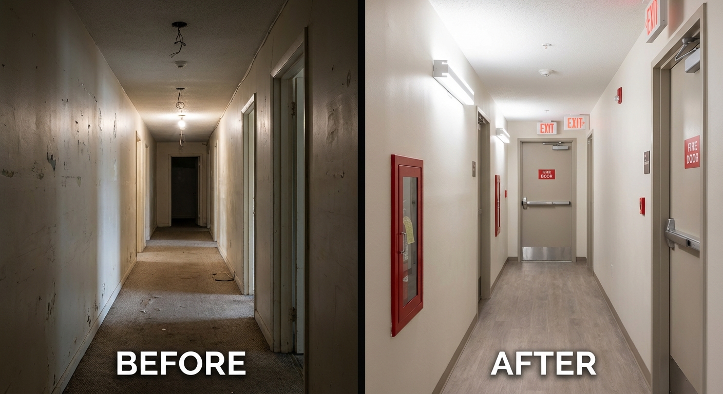 Mise en conformité incendie ERP : les étapes pour être aux normes 3 Alise SSI – Sécurité et Sérénité Assurée Alise Rénovation avant/après d’un couloir pour la mise en conformité incendie