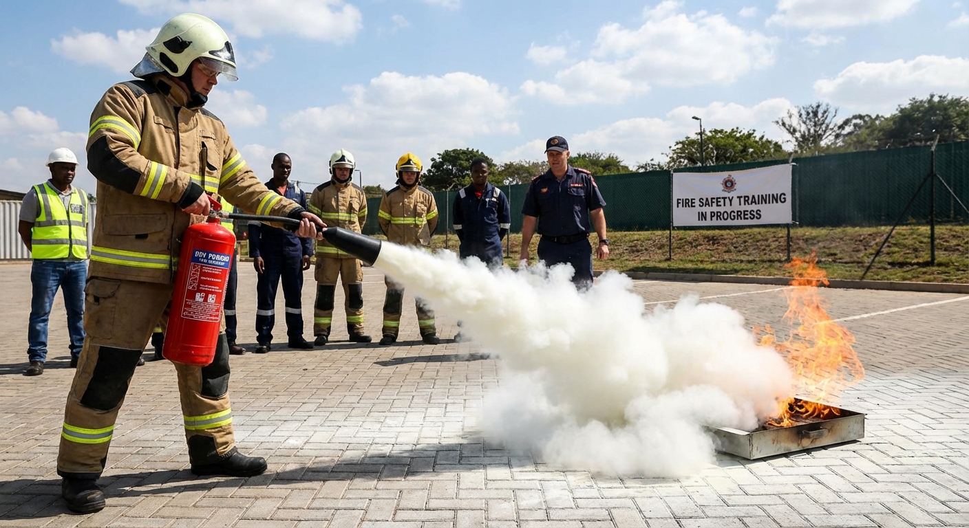 Extincteur CO2 ou poudre : lequel choisir pour votre entreprise ? 3 Alise SSI – Sécurité et Sérénité Assurée Alise Extincteur à poudre en cours de test avec projection de poudre visible