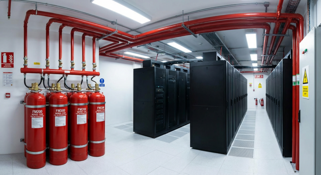 Extinction automatique gaz : quel agent extincteur choisir ? 7 Alise SSI – Sécurité et Sérénité Assurée Alise Bouteilles agent extincteur gaz FM200 et Novec installees en salle serveurs avec reseau de tuyauterie rouge