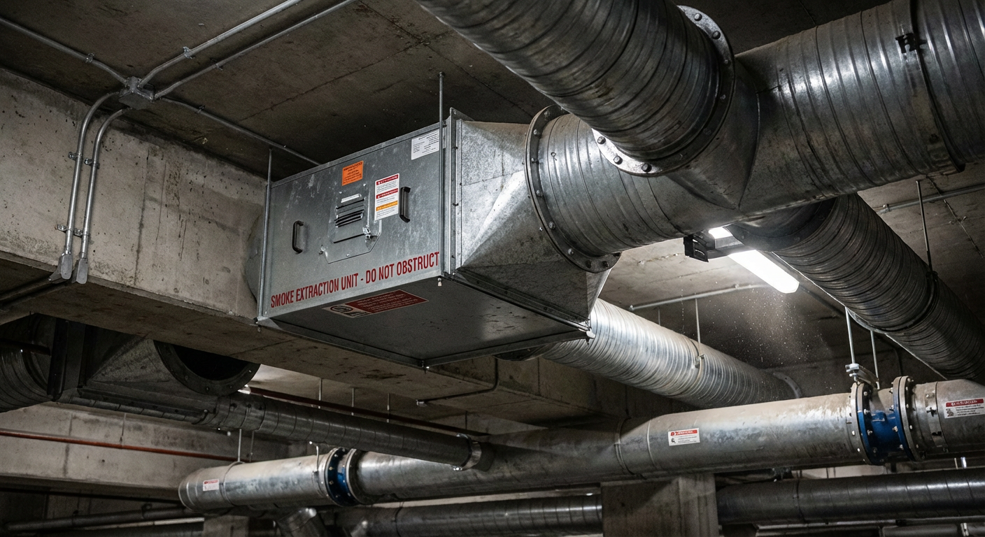 Désenfumage parking souterrain : obligations et solutions techniques 1 Alise SSI – Sécurité et Sérénité Assurée Alise Extracteur de fumee industriel installe dans un parking souterrain avec gaines en acier