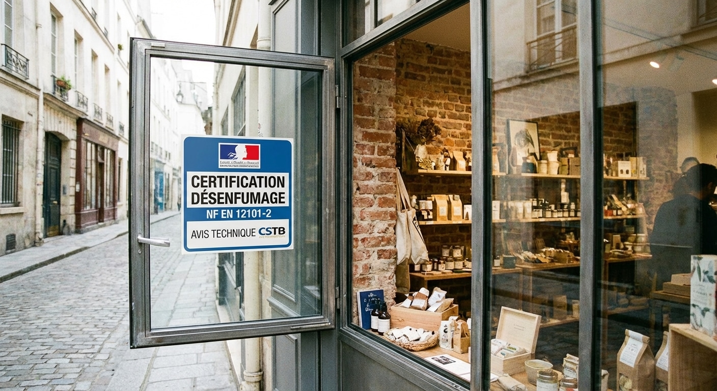 Désenfumage ERP 5ème catégorie : vos obligations à Lyon 3 Sécurité et Sérénité Assurée Alise SSI Fenetre ouvrant certifie desenfumage petit commerce
