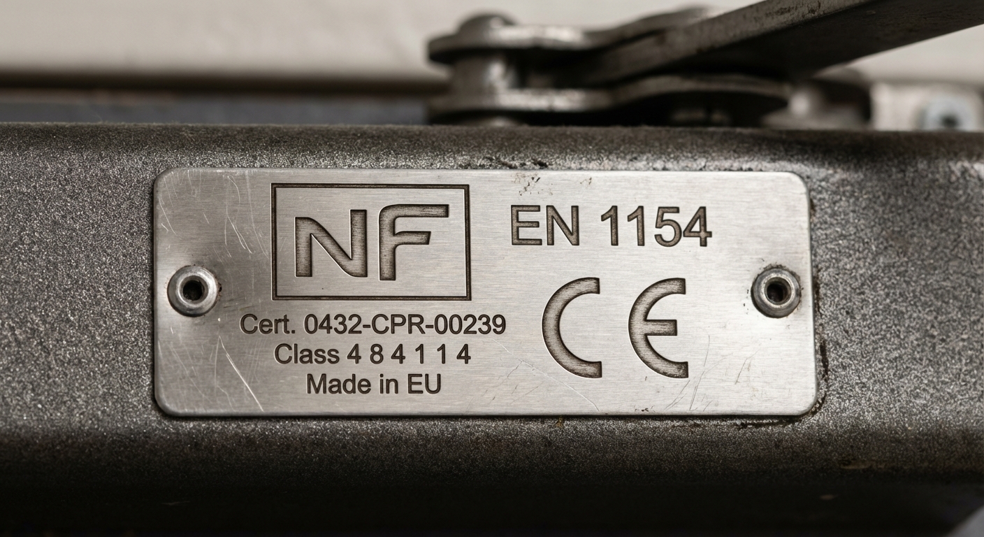 Ferme-porte pour porte coupe-feu : réglages et normes 4 Alise SSI – Sécurité et Sérénité Assurée Alise Plaque de certification NF EN 1154 sur un ferme-porte coupe-feu