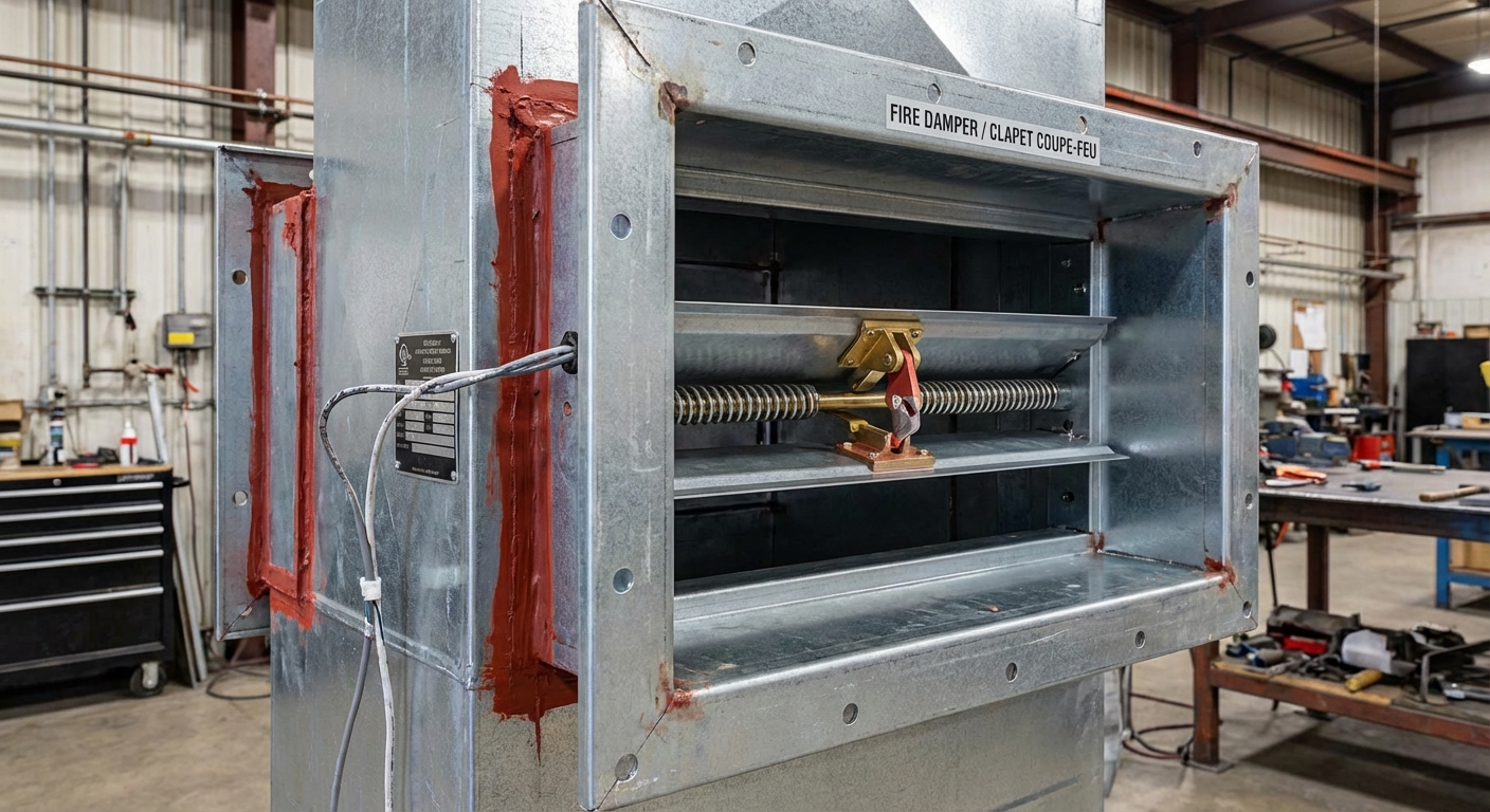 Clapet coupe-feu : rôle dans le compartimentage et maintenance 1 Alise SSI – Sécurité et Sérénité Assurée Alise Clapet coupe-feu installé dans un conduit de ventilation avec vue en coupe du mécanisme