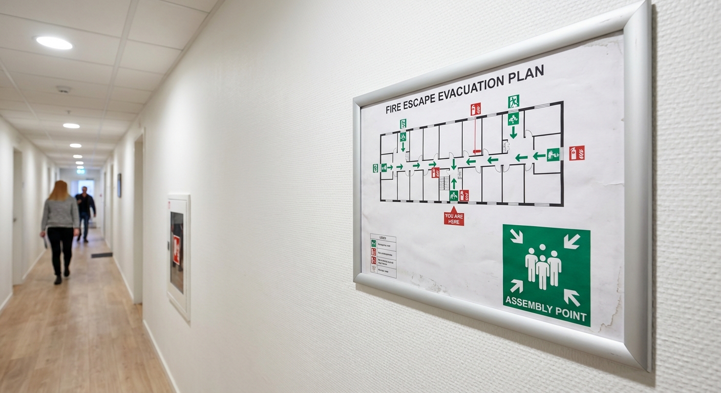 Sécurité incendie en copropriété : obligations du syndic 4 Alise SSI – Sécurité et Sérénité Assurée Alise Plan d’évacuation incendie affiché dans le couloir d’un immeuble