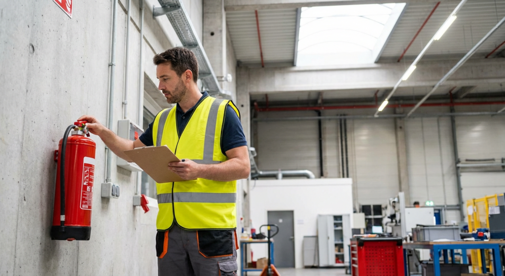 Vérification extincteur obligatoire : fréquence et réglementation 2026 33 Alise SSI – Sécurité et Sérénité Assurée Alise Technicien verifiant la pression d un extincteur lors d une inspection annuelle