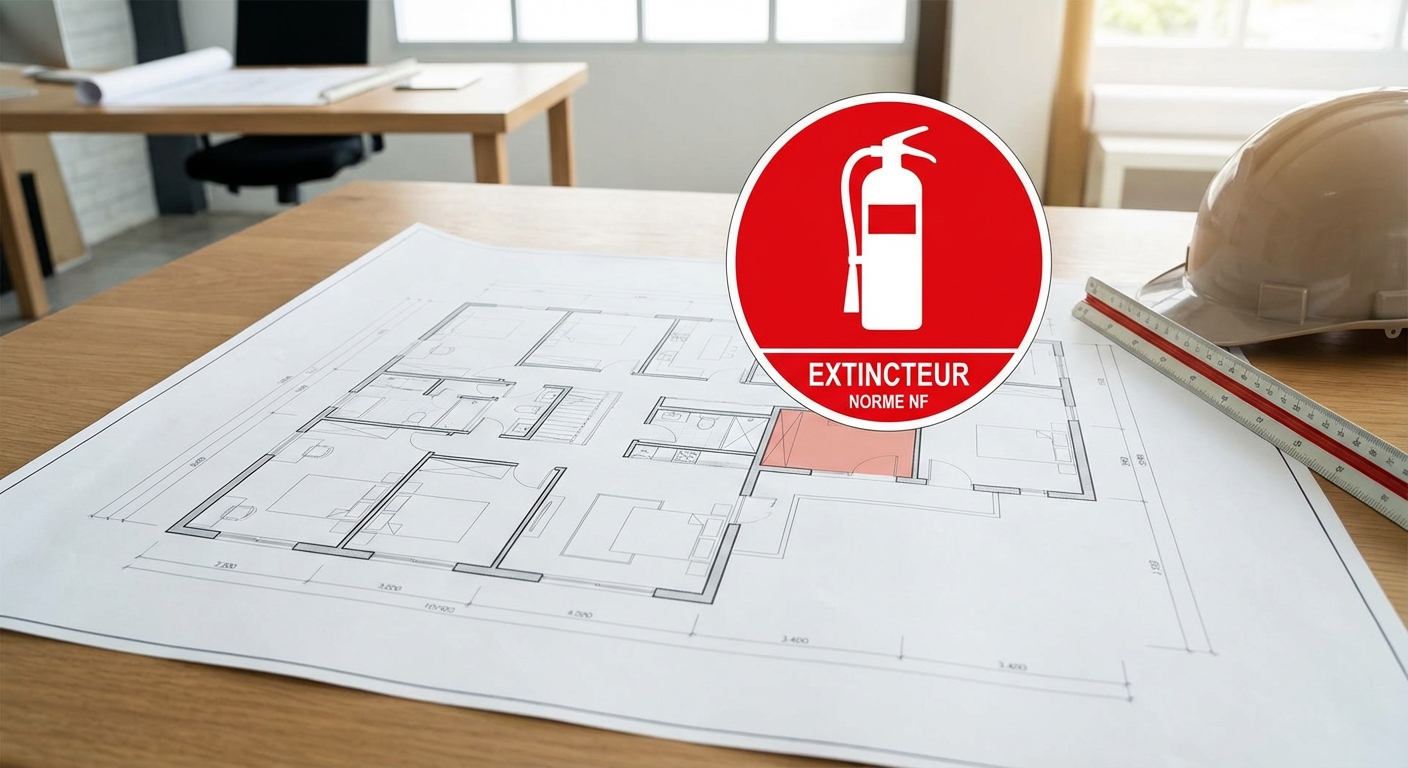 Symbole extincteur normalisé sur un plan de sécurité incendie