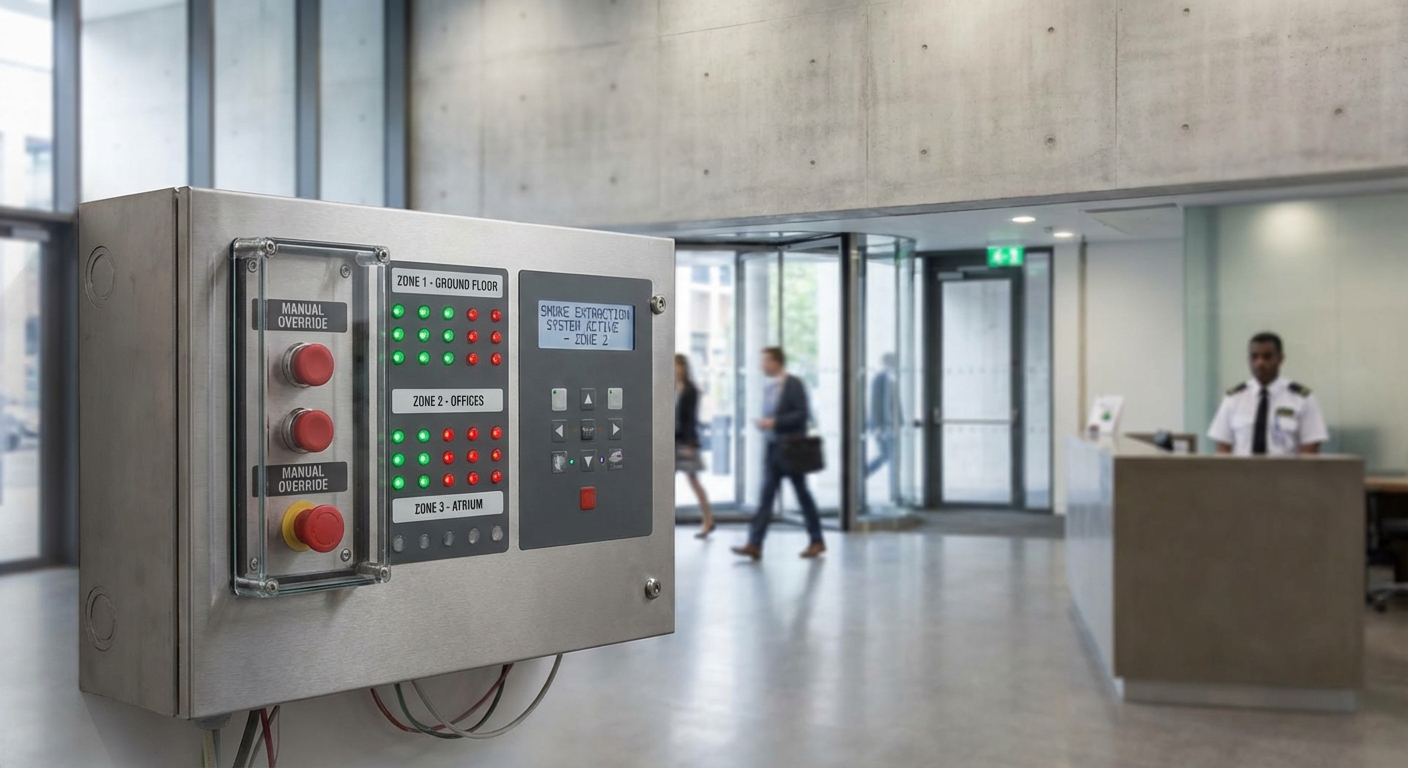 Fonctionnement d'une trappe de désenfumage : le décryptage 4 Alise SSI – Sécurité et Sérénité Assurée Alise Panneau commande desenfumage avec boutons manuels