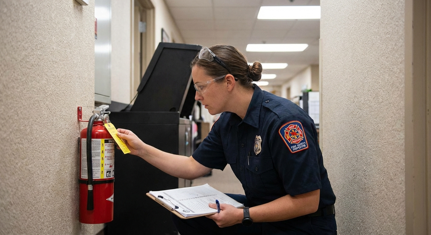 Audit en sécurité incendie : étapes et contrôle 1 Alise SSI – Sécurité et Sérénité Assurée Alise Inspecteur verifiant extincteur lors audit securite
