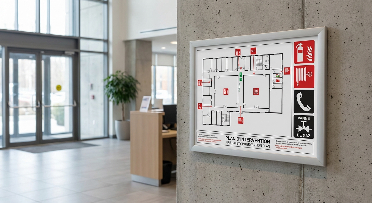 Pictogrammes plan intervention SST sur mur entree batiment